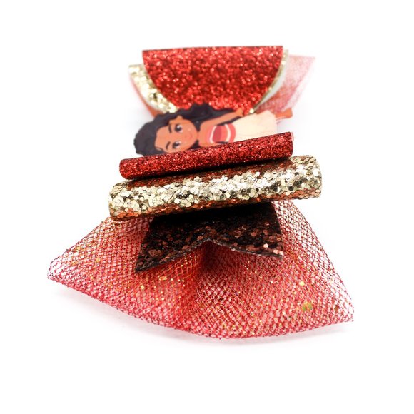 Handmade Moana Polynesian Princess Glitter Hair Bow - Picture 5 of 7